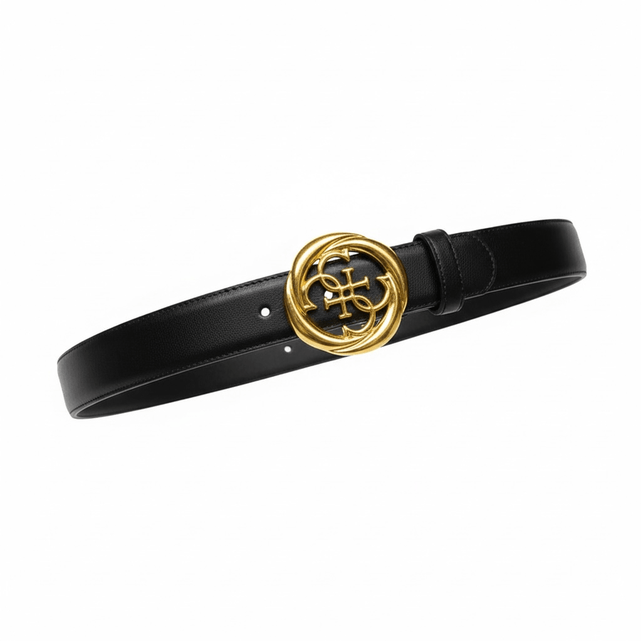 Guess Logo Leather Belt — Black & Gold