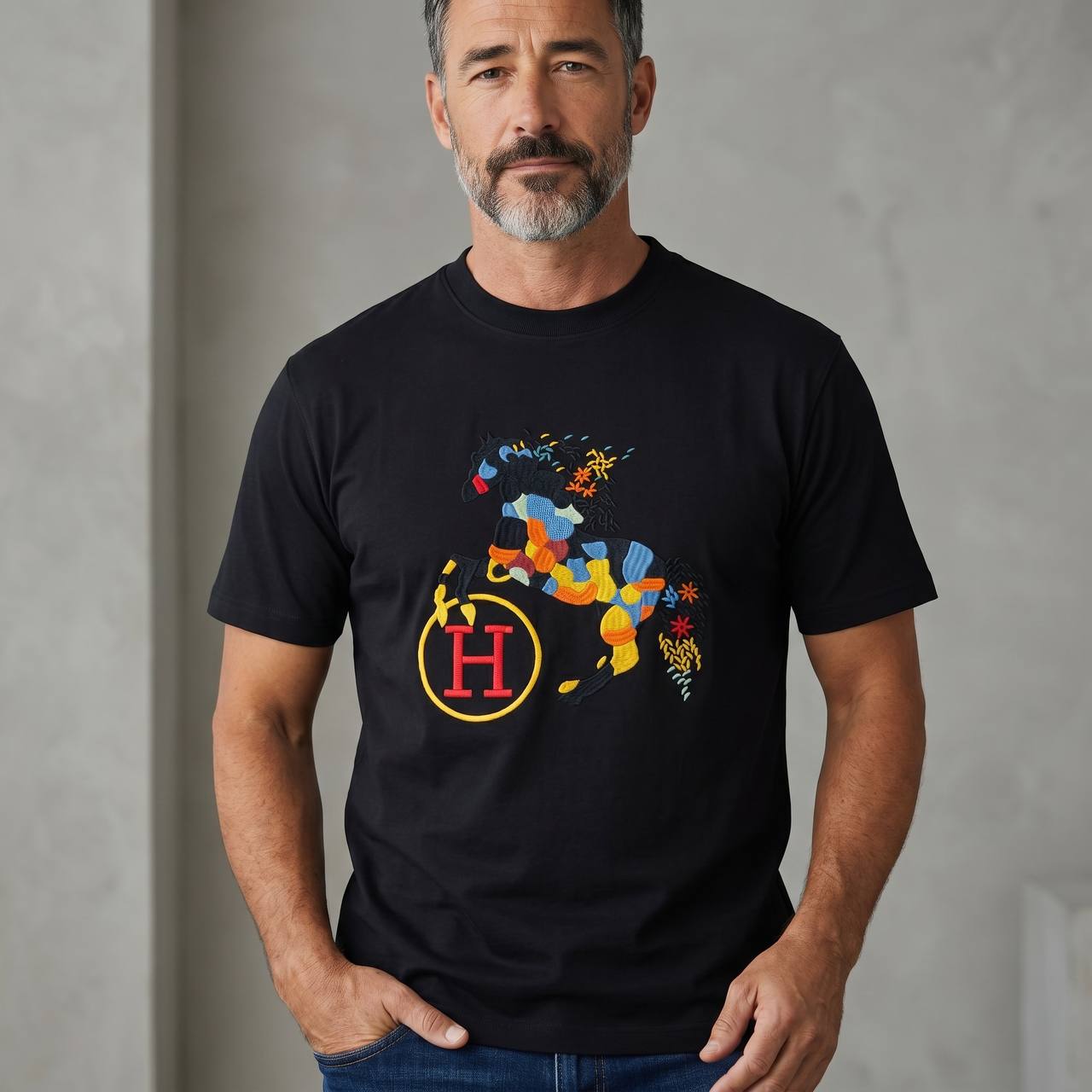 Hermès Artistic Horse Embroidered T-Shirt – Black Luxury Edition 🐎🖤 - MASTERPIECE