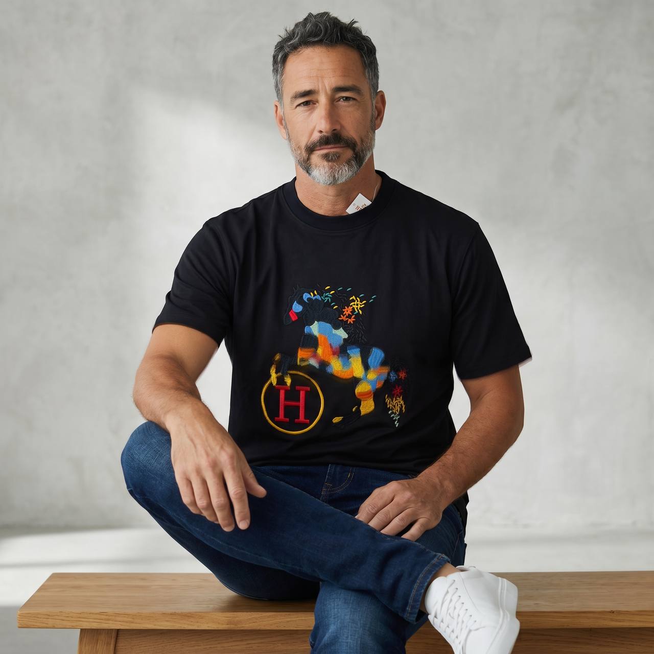 Hermès Artistic Horse Embroidered T-Shirt – Black Luxury Edition 🐎🖤 - MASTERPIECE