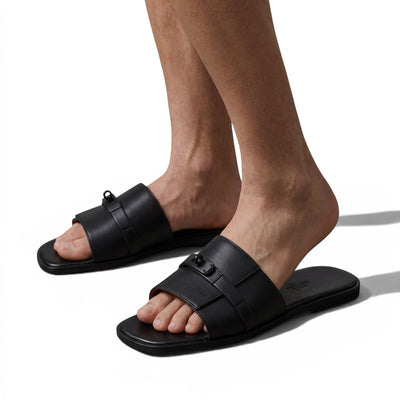 Hermès Black Double Strap Slides – Timeless Luxury Flat Sandals 🖤👡 - MASTERPIECE
