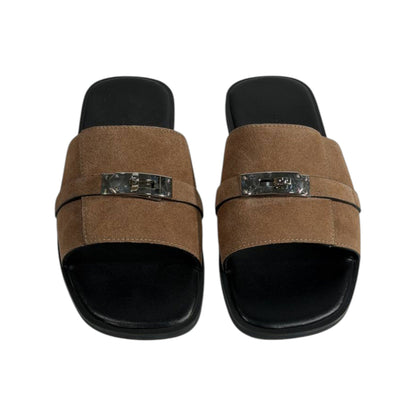 Hermès Brown Suede Slides 🤎✨ Luxury Flat Sandals for Men - MASTERPIECE