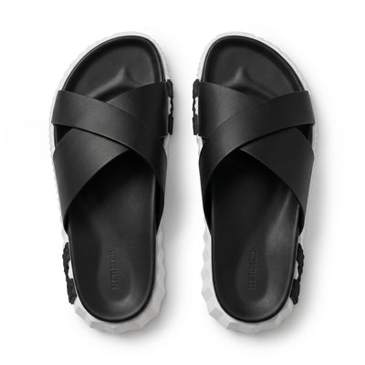 Hermès Chypre Cross Strap Slides – Black & White - MASTERPIECE