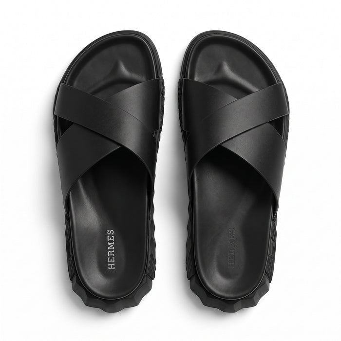 Hermès Chypre Monochrome Cross Strap Slides – All Black
