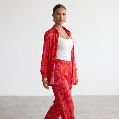 Hermès Equestrian Print Shirt & Wide-Leg Pants Set – Red 🍒🍒one size - MASTERPIECE