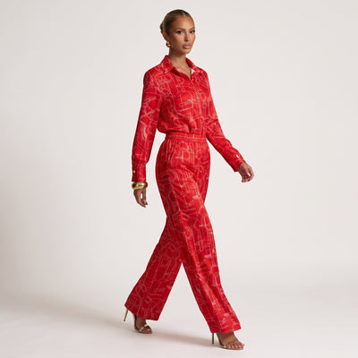 Hermès Equestrian Print Shirt & Wide-Leg Pants Set – Red 🍒🍒one size - MASTERPIECE