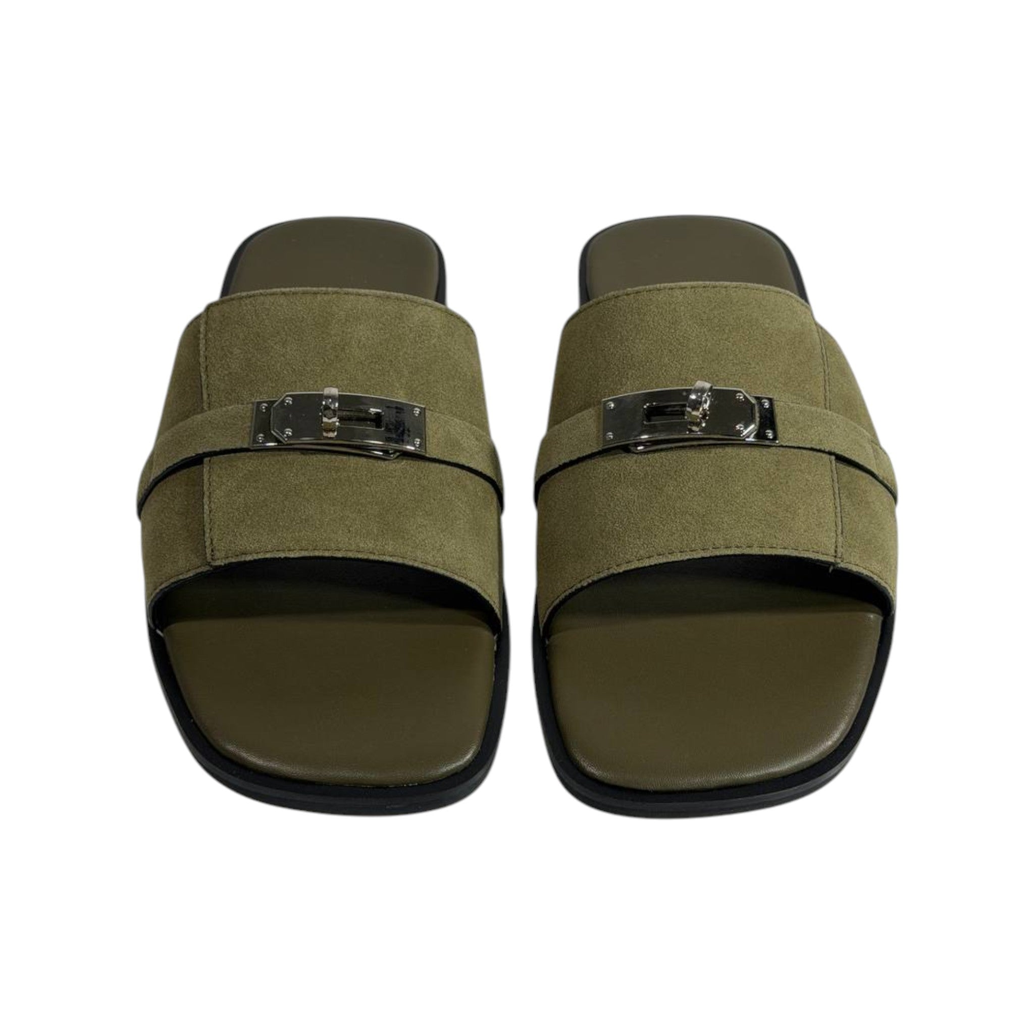 Hermès Olive Green Suede Slides 💚✨ Luxury Flat Sandals for Men - MASTERPIECE