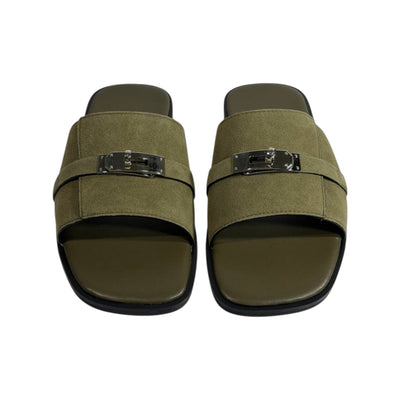 Hermès Olive Green Suede Slides 💚✨ Luxury Flat Sandals for Men - MASTERPIECE