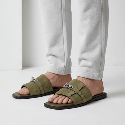 Hermès Olive Green Suede Slides 💚✨ Luxury Flat Sandals for Men - MASTERPIECE