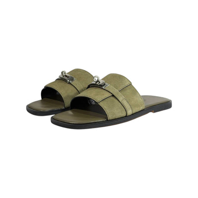 Hermès Olive Green Suede Slides 💚✨ Luxury Flat Sandals for Men - MASTERPIECE