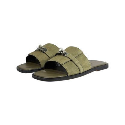 Hermès Olive Green Suede Slides 💚✨ Luxury Flat Sandals for Men - MASTERPIECE