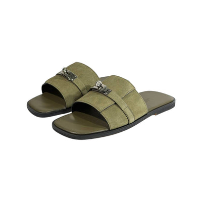 Hermès Olive Green Suede Slides 💚✨ Luxury Flat Sandals for Men - MASTERPIECE
