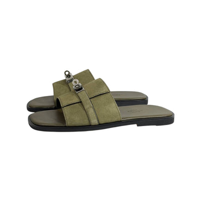 Hermès Olive Green Suede Slides 💚✨ Luxury Flat Sandals for Men - MASTERPIECE