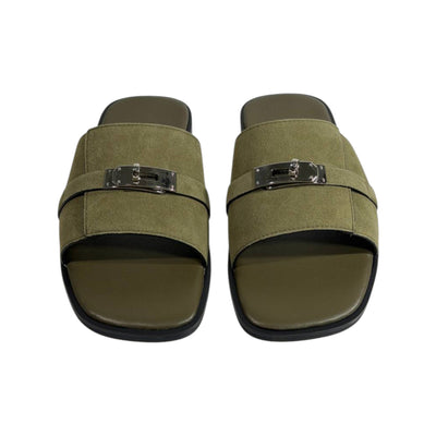 Hermès Olive Green Suede Slides 💚✨ Luxury Flat Sandals for Men - MASTERPIECE