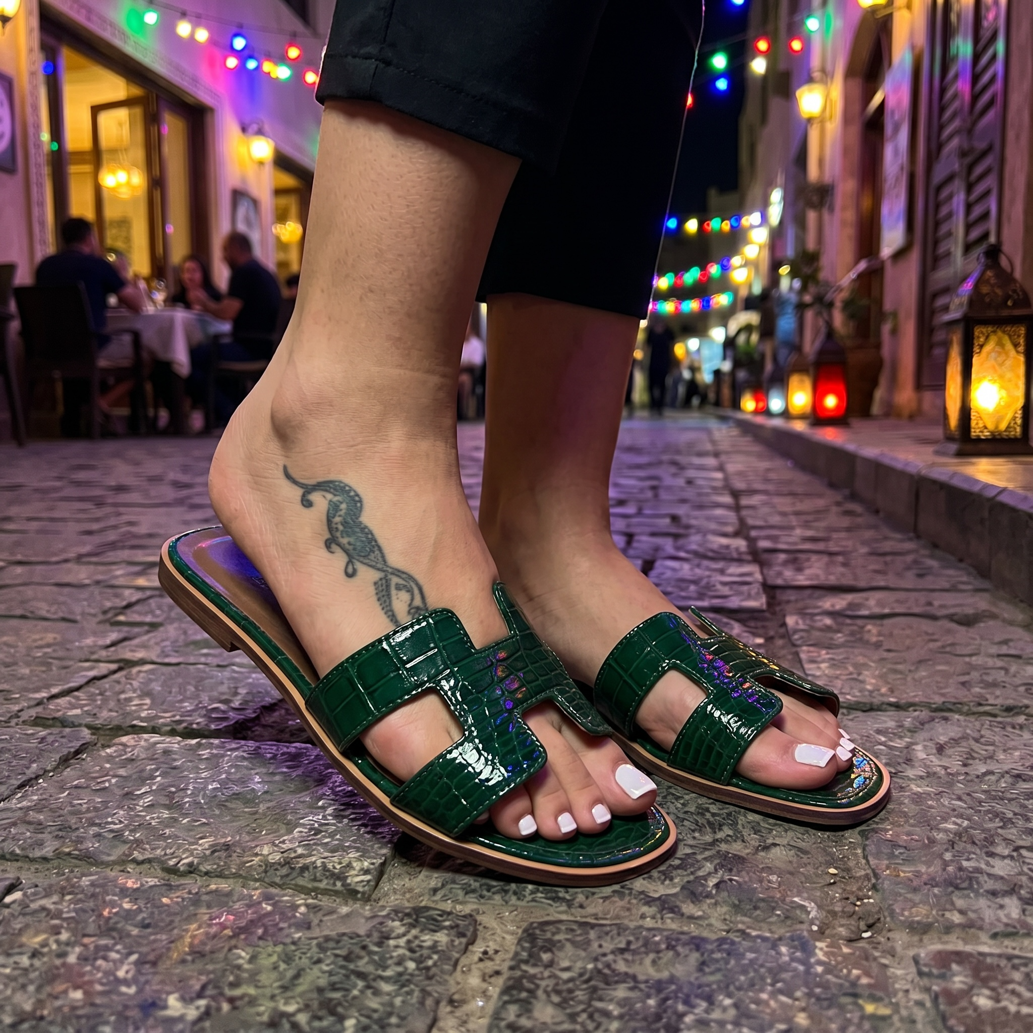 Hermès Oran Croc-Embossed Sandals – Emerald Green Edition 💚✨ - MASTERPIECE