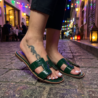 Hermès Oran Croc-Embossed Sandals – Emerald Green Edition 💚✨ - MASTERPIECE