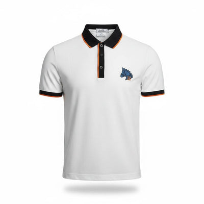 🤍 Hermès Style White Polo – Contrast Collar Luxury Essential 🖤🧡 - MASTERPIECE