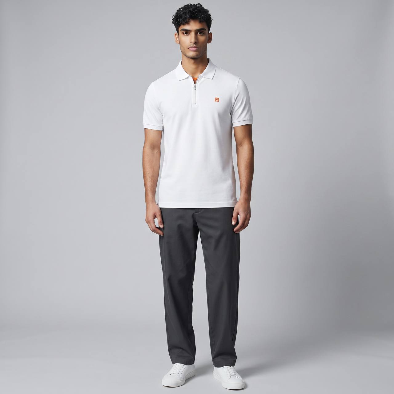 🤍 Hermès Style White Zip Polo – Minimal Luxury with Orange Accent 🧡✨ - MASTERPIECE
