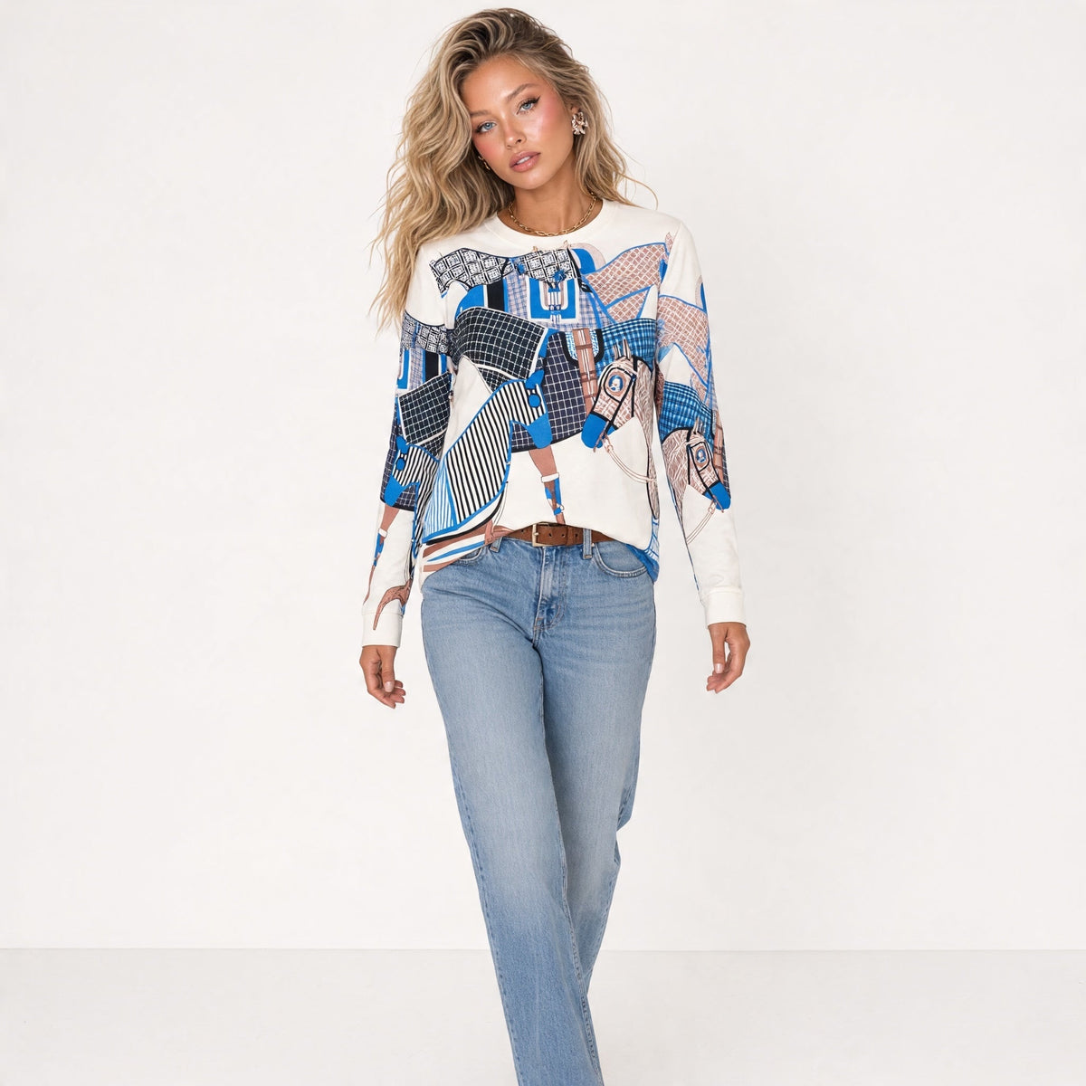 Hermès Sweatshirt – Blue Equestrian Print - MASTERPIECE
