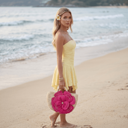 🌺 Hot Pink Floral Straw Beach Bag | Luxury Summer Statement Handbag ✨ - MASTERPIECE