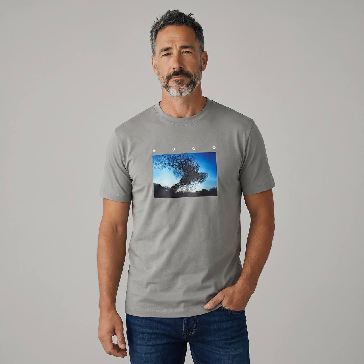 HUGO Abstract Graphic T-Shirt – Stone Grey 🌫️✨ - MASTERPIECE