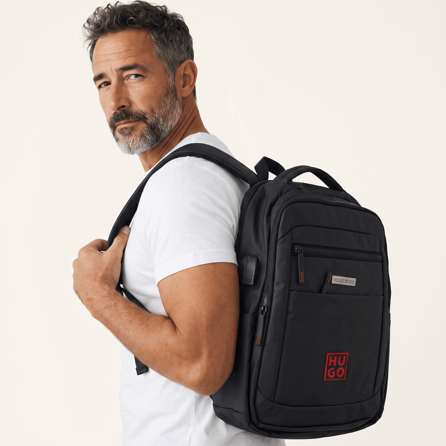 Hugo Backpack with Red Logo — Black