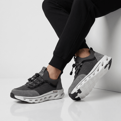 🩶🖤 Hugo Boss Grey & Black Luxury Runner Sneakers 👟⚡ - MASTERPIECE