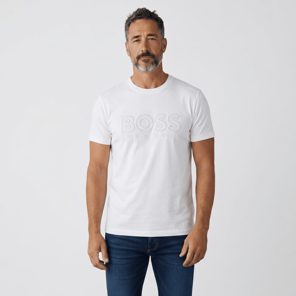 HUGO BOSS White Embossed Logo T-Shirt 🤍✨ Clean Luxury Edition