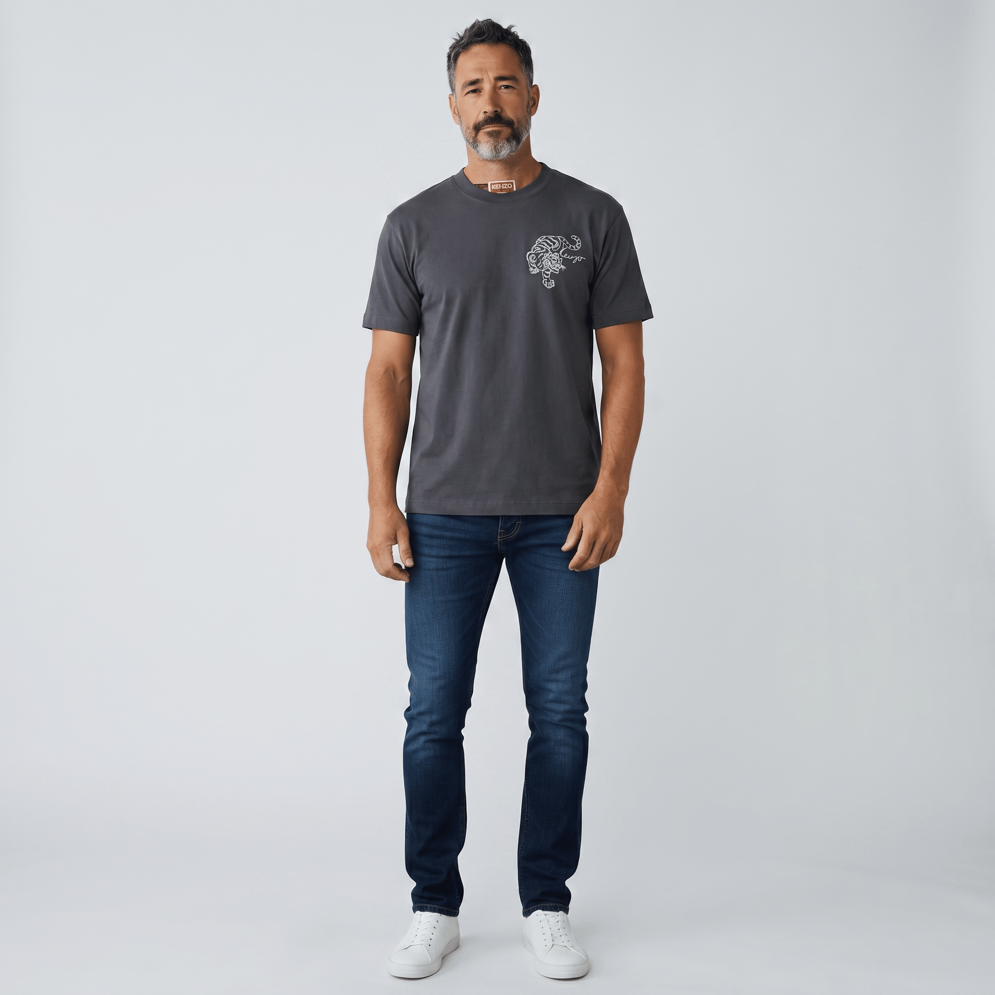 Kenzo Grey Tiger Back Print T-Shirt – Minimal Front | Statement Streetwear 🐅 - MASTERPIECE