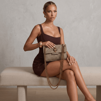👜 Kurt Geiger Tweed Chain Shoulder Bag – Elegant Beige & Gold Edition ✨ - MASTERPIECE