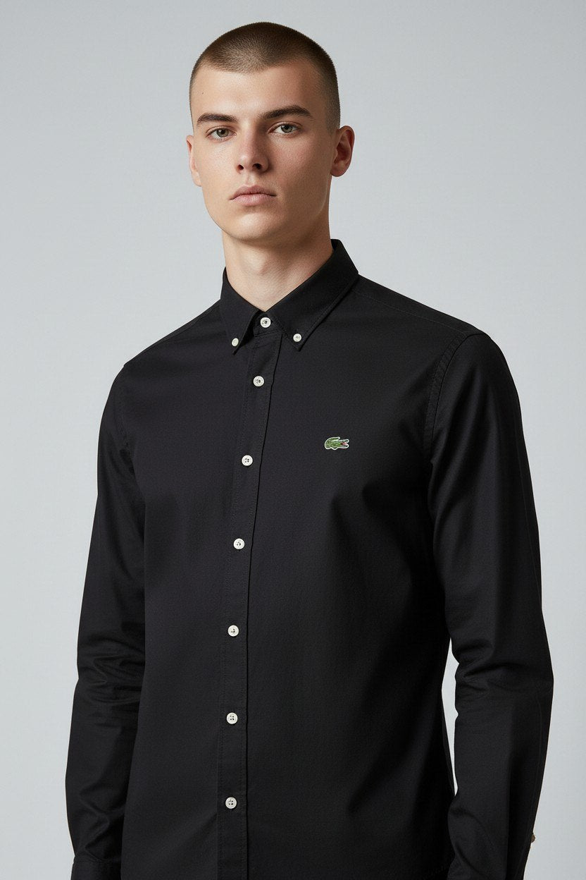Lacoste Premium Black Button Down Oxford Shirt for Men – Luxury Smart Casual Long Sleeve Designer Essential 🖤✨ - MASTERPIECE