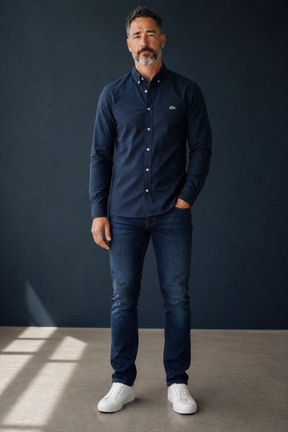 Lacoste Premium Navy Blue Oxford Button Down Long Sleeve Shirt for Men – Elegant Smart Casual Luxury Essential 💙✨ - MASTERPIECE