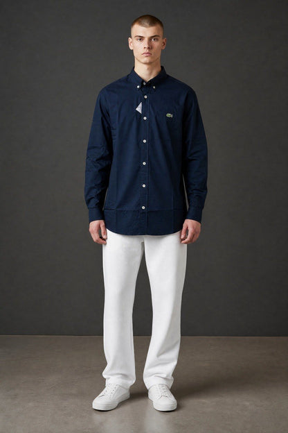Lacoste Premium Navy Blue Oxford Button Down Long Sleeve Shirt for Men – Elegant Smart Casual Luxury Essential 💙✨ - MASTERPIECE