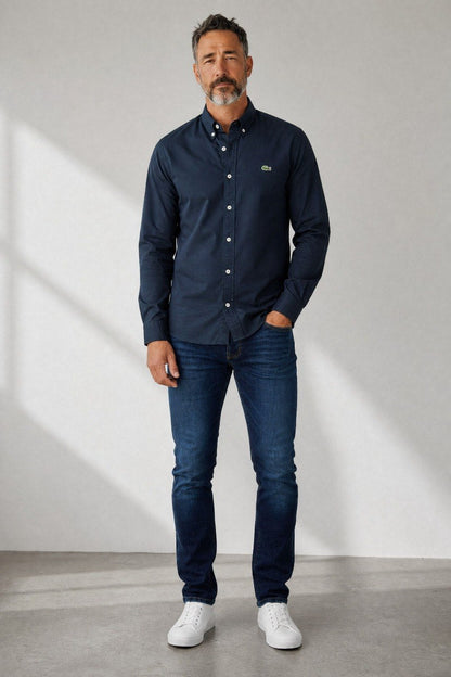 Lacoste Premium Navy Blue Oxford Button Down Long Sleeve Shirt for Men – Elegant Smart Casual Luxury Essential 💙✨ - MASTERPIECE