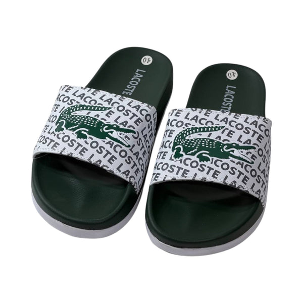 🐊 Lacoste Signature Logo Slides – White & Green Edition 💚🤍✨