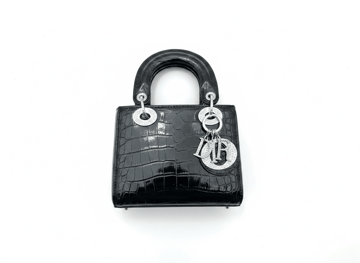 Lady Dior Mini Bag – Black Patent Croc Effect with Silver Charms 🖤✨ - MASTERPIECE