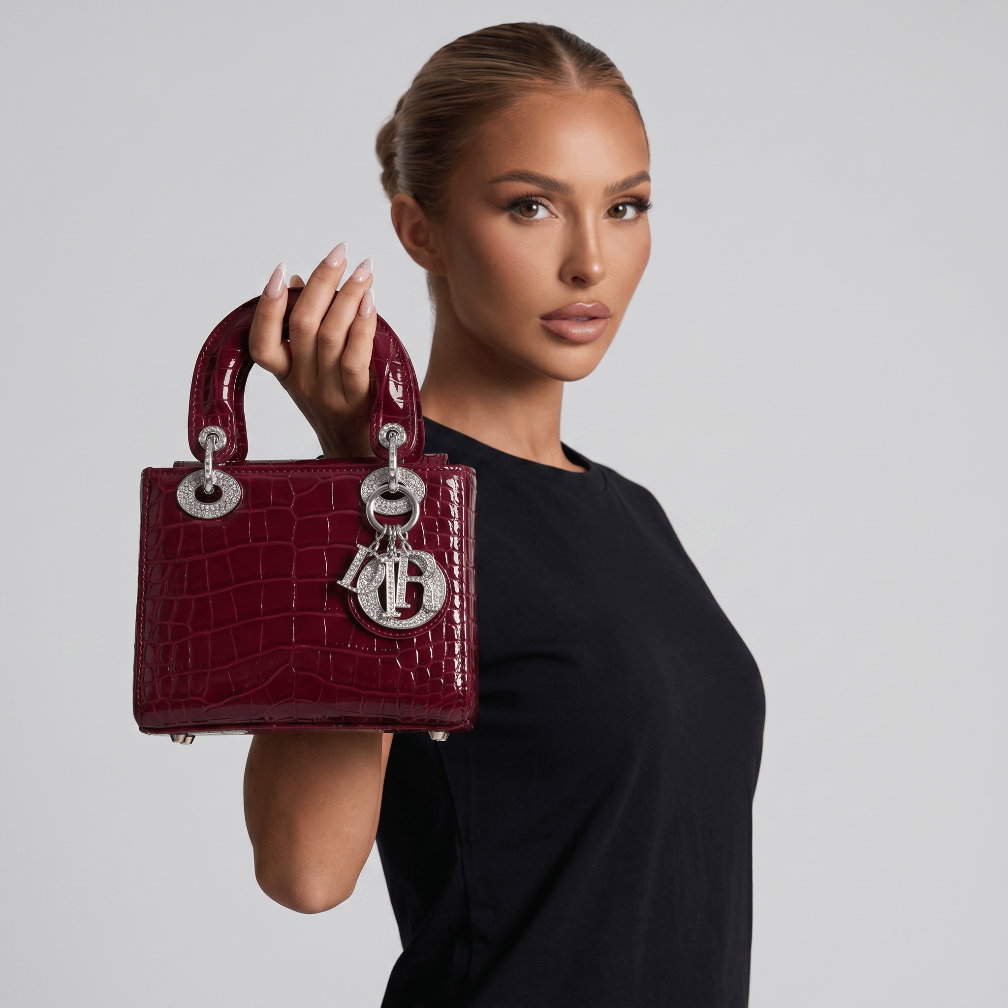 Lady Dior Mini Bag – Burgundy Patent Croc Effect with Silver Charm ❤️✨ - MASTERPIECE