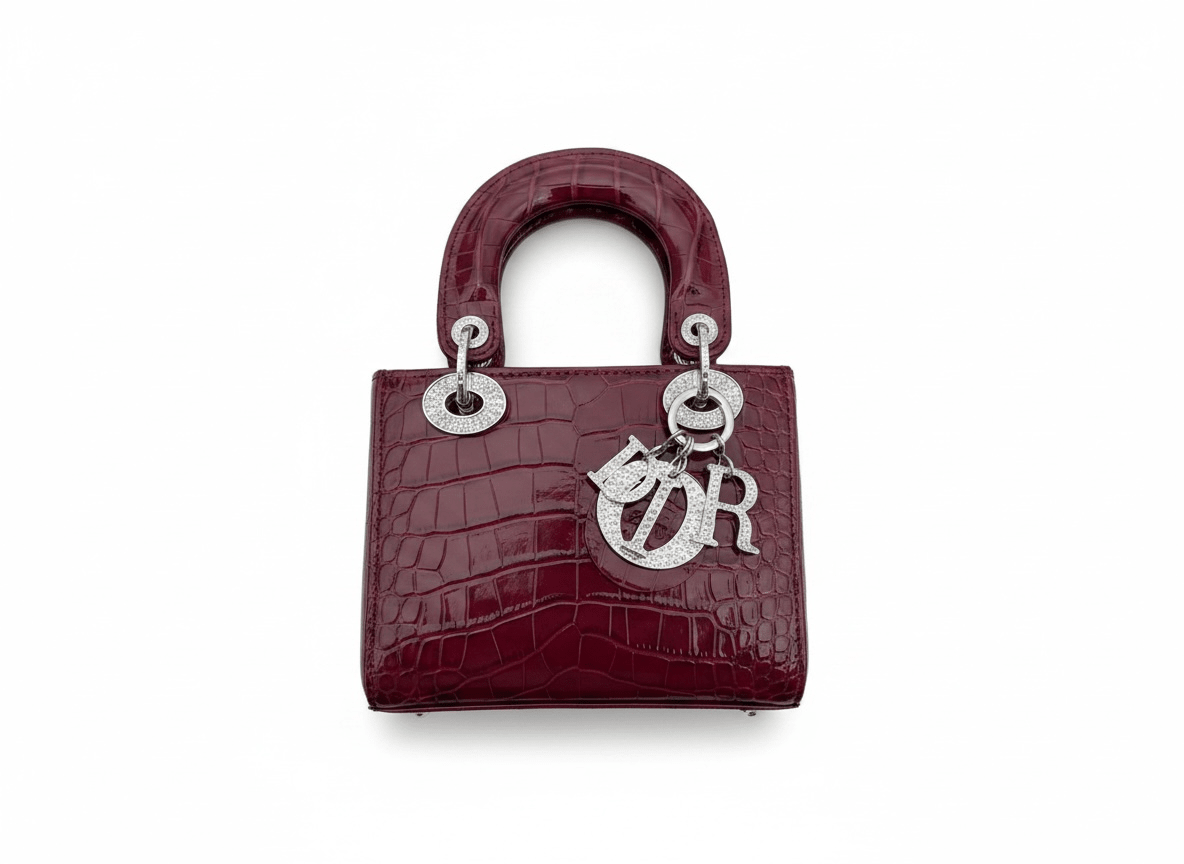 Lady Dior Mini Bag – Burgundy Patent Croc Effect with Silver Charm ❤️✨ - MASTERPIECE