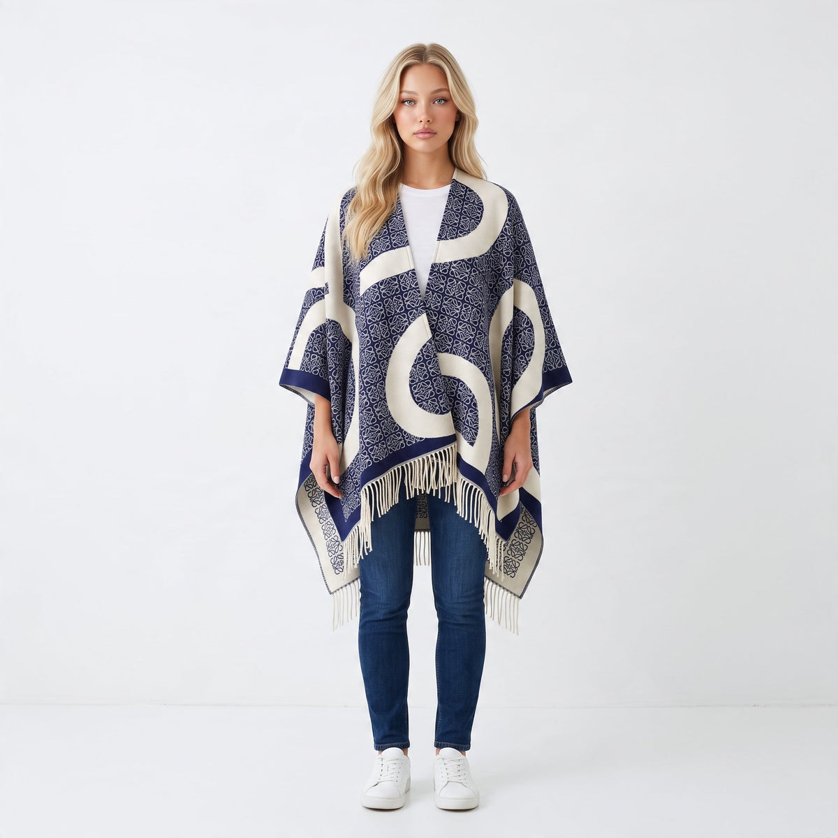 Loewe Fringed Shawl – Navy Cream Signature - MASTERPIECE