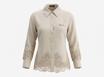🤍 Loro Piana Beige Linen Lace Full Set – Shirt & Wide-Leg Pants ✨ - MASTERPIECE