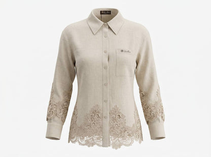 🤍 Loro Piana Beige Linen Lace Full Set – Shirt & Wide-Leg Pants ✨ - MASTERPIECE