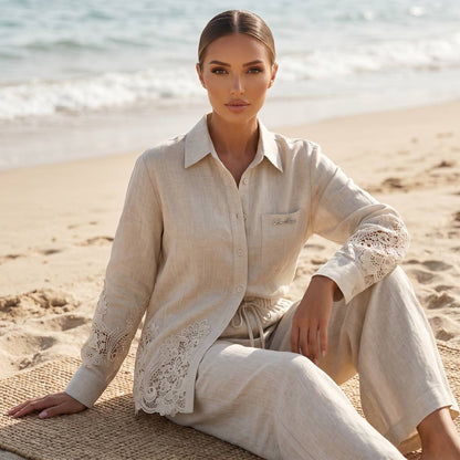 🤍 Loro Piana Beige Linen Lace Full Set – Shirt & Wide-Leg Pants ✨ - MASTERPIECE