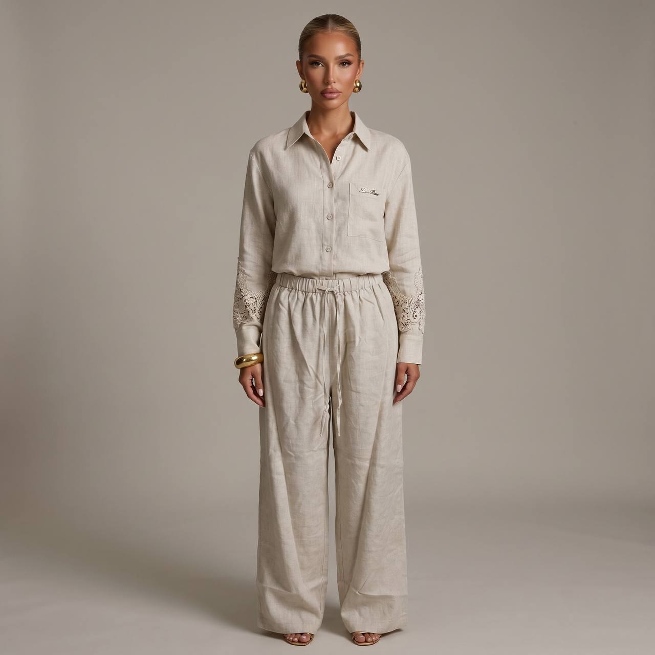 🤍 Loro Piana Beige Linen Lace Full Set – Shirt & Wide-Leg Pants ✨ - MASTERPIECE