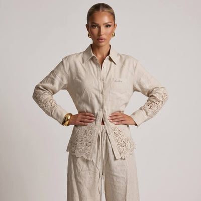 🤍 Loro Piana Beige Linen Lace Full Set – Shirt & Wide-Leg Pants ✨ - MASTERPIECE