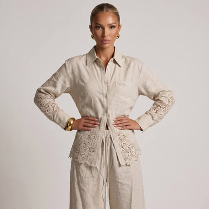 🤍 Loro Piana Beige Linen Lace Full Set – Shirt & Wide-Leg Pants ✨ - MASTERPIECE