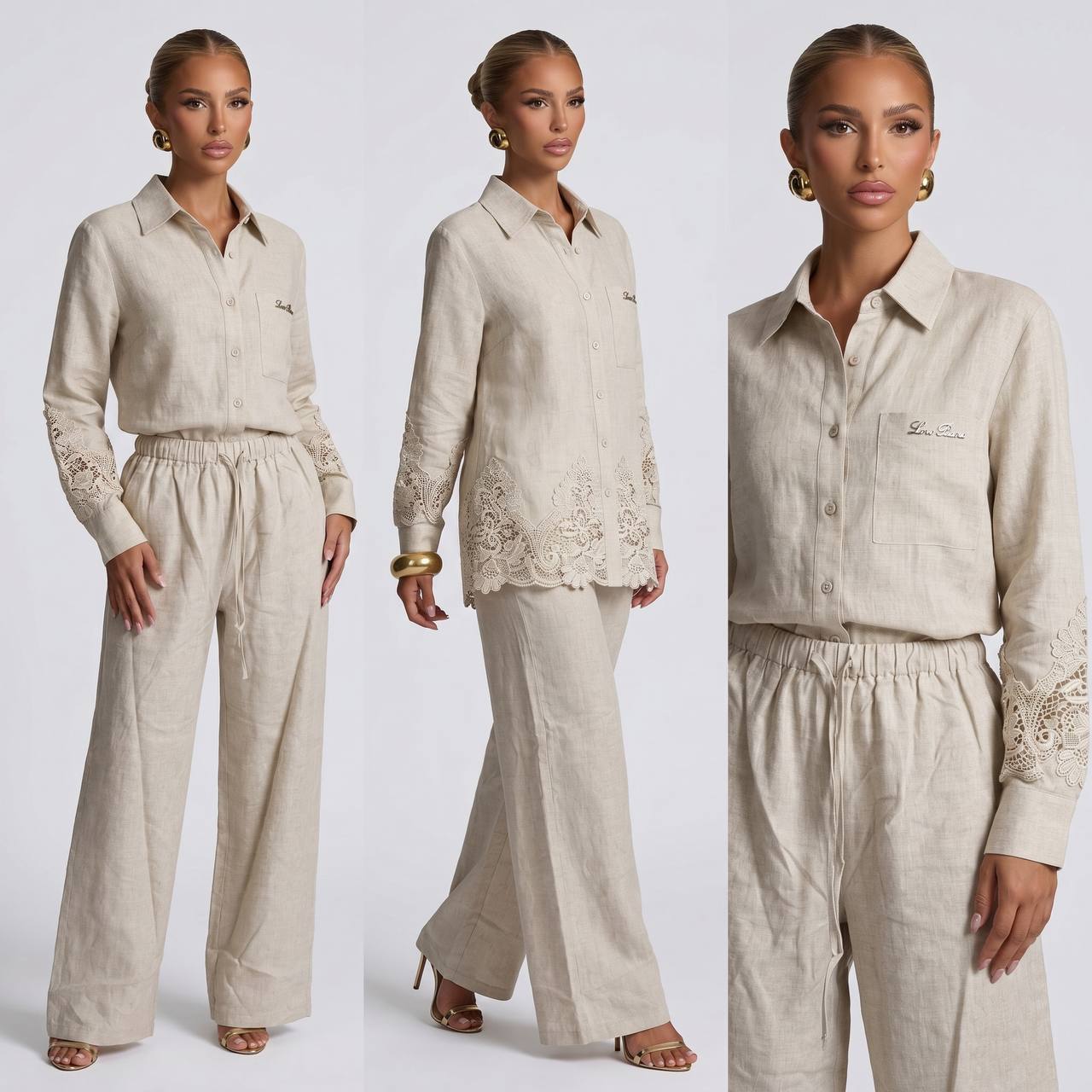 🤍 Loro Piana Beige Linen Lace Full Set – Shirt & Wide-Leg Pants ✨ - MASTERPIECE
