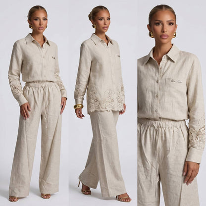 🤍 Loro Piana Beige Linen Lace Full Set – Shirt & Wide-Leg Pants ✨ - MASTERPIECE