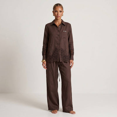 🤎 Loro Piana Chocolate Brown Linen Lace Full Set – Shirt & Pants ✨ - MASTERPIECE