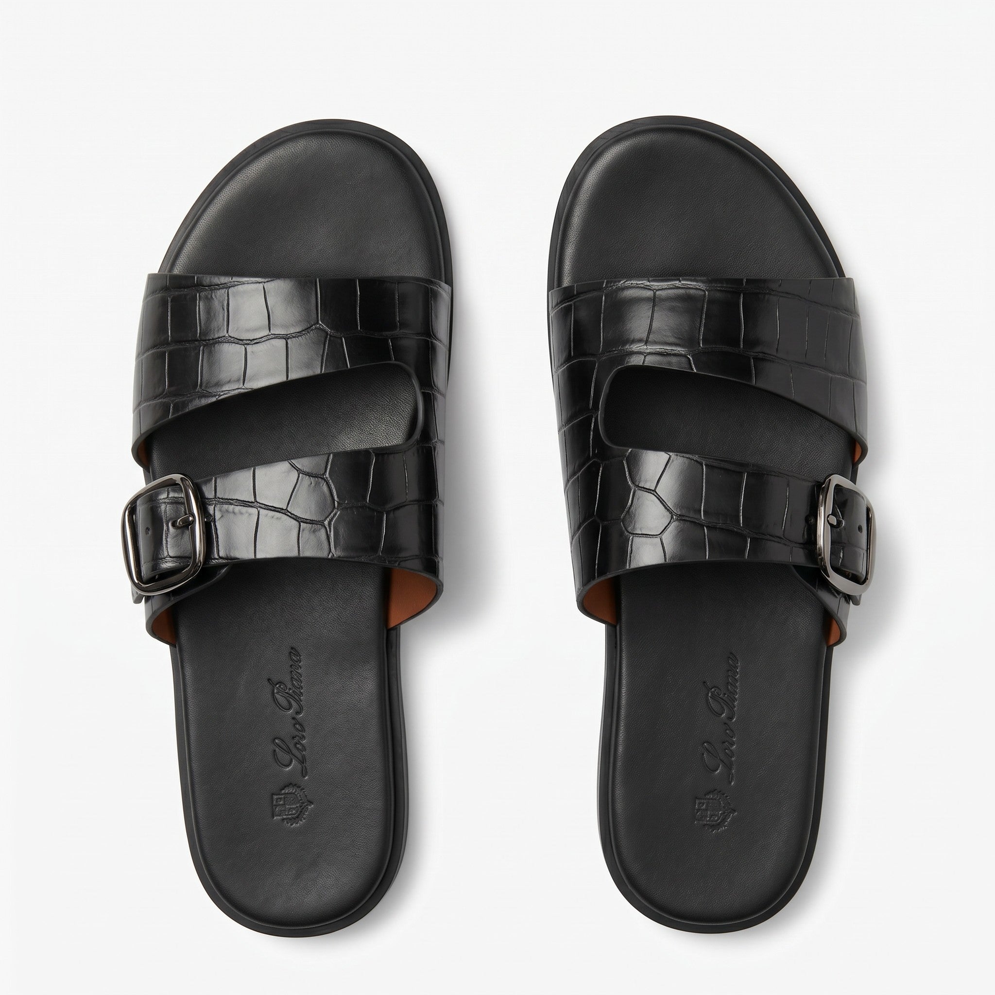 Loro Piana Crocodile Embossed Double Strap Slides – Black - MASTERPIECE