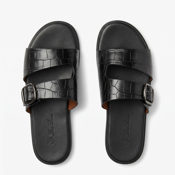 Loro Piana Crocodile Embossed Double Strap Slides – Black