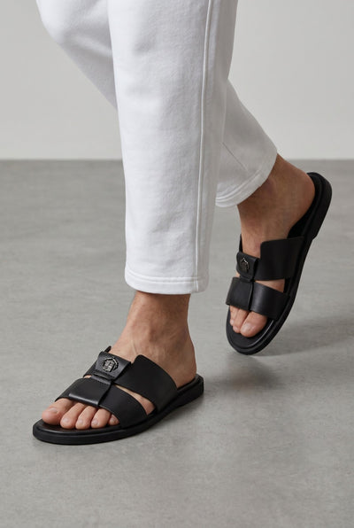 Loro Piana Heritage Crest Leather Slides – Black - MASTERPIECE